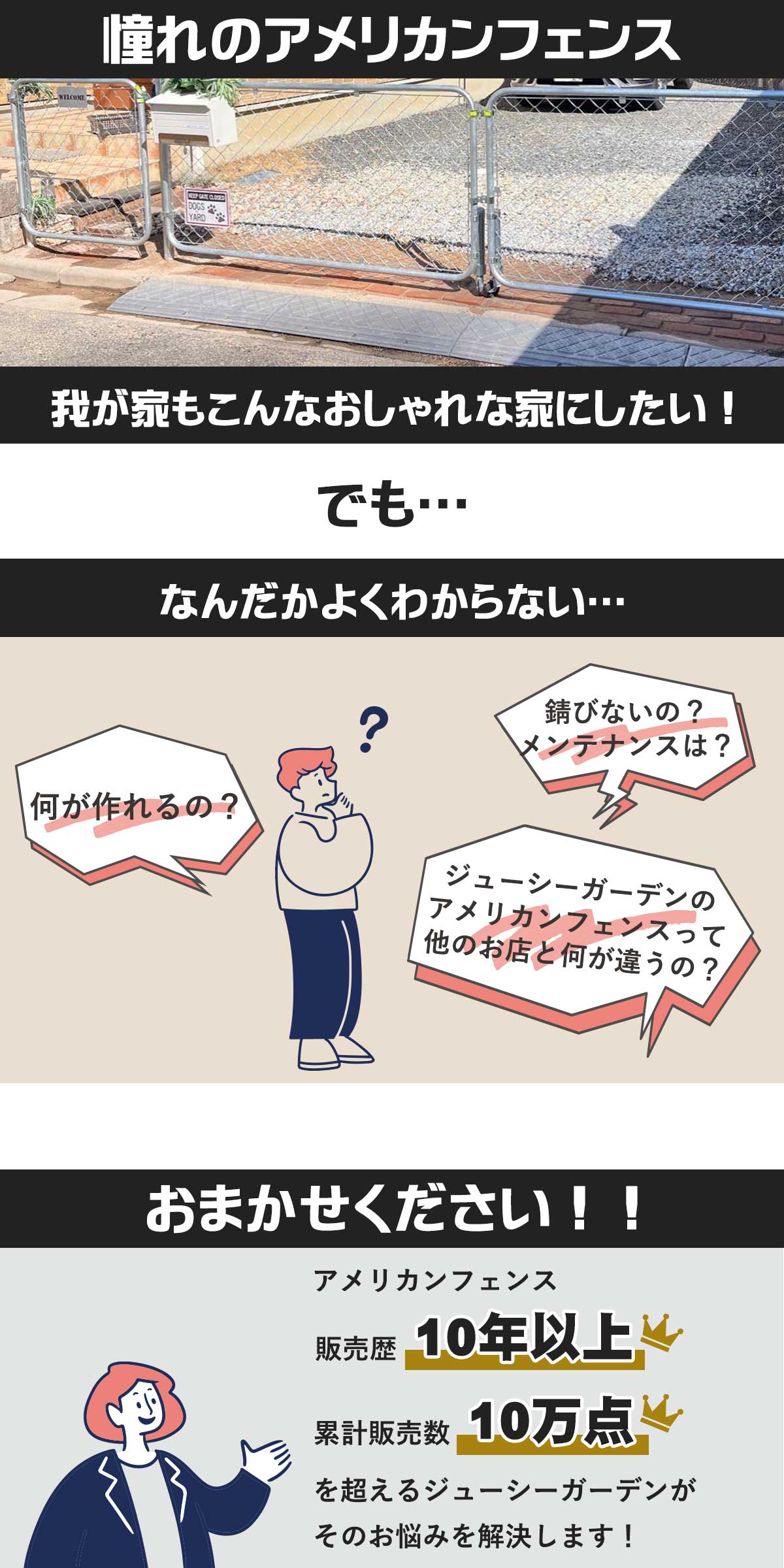アメリカンフェンスっておしゃれだけどよくわからない。「何が作れるの？」「メンテナンス方法は？」「ジューシーガーデンのアメリカンフェンスは他とどう違うの？」 アメリカンフェンス販売歴10年以上のジューシーガーデンがお悩みを解決します！