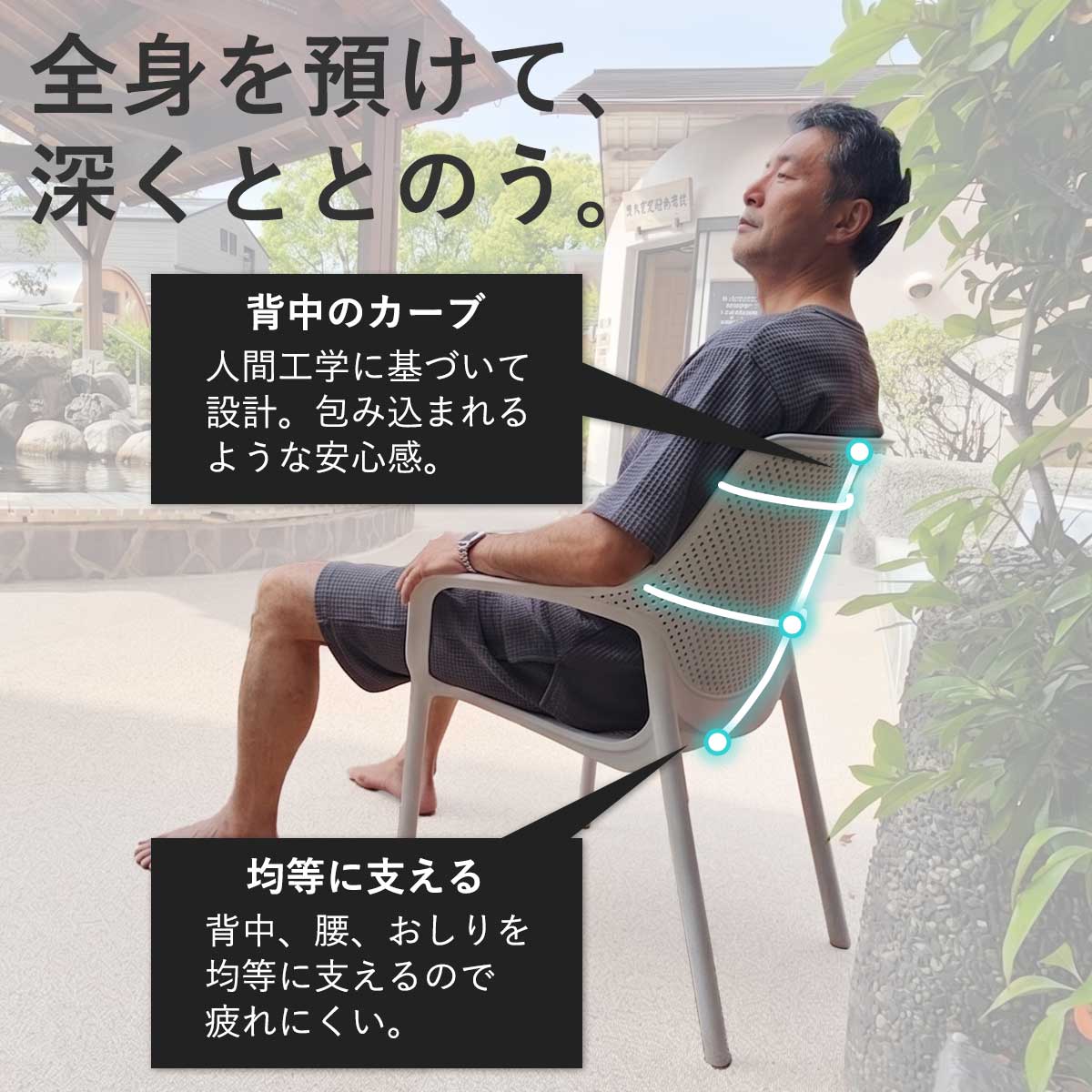 「全身を預けて、深くととのう。」という見出しのもと、人間工学に基づいた背中のカーブ設計による包み込まれるような安心感と、背中、腰、おしりを均等に支えて疲れにくい設計を紹介する画像。
