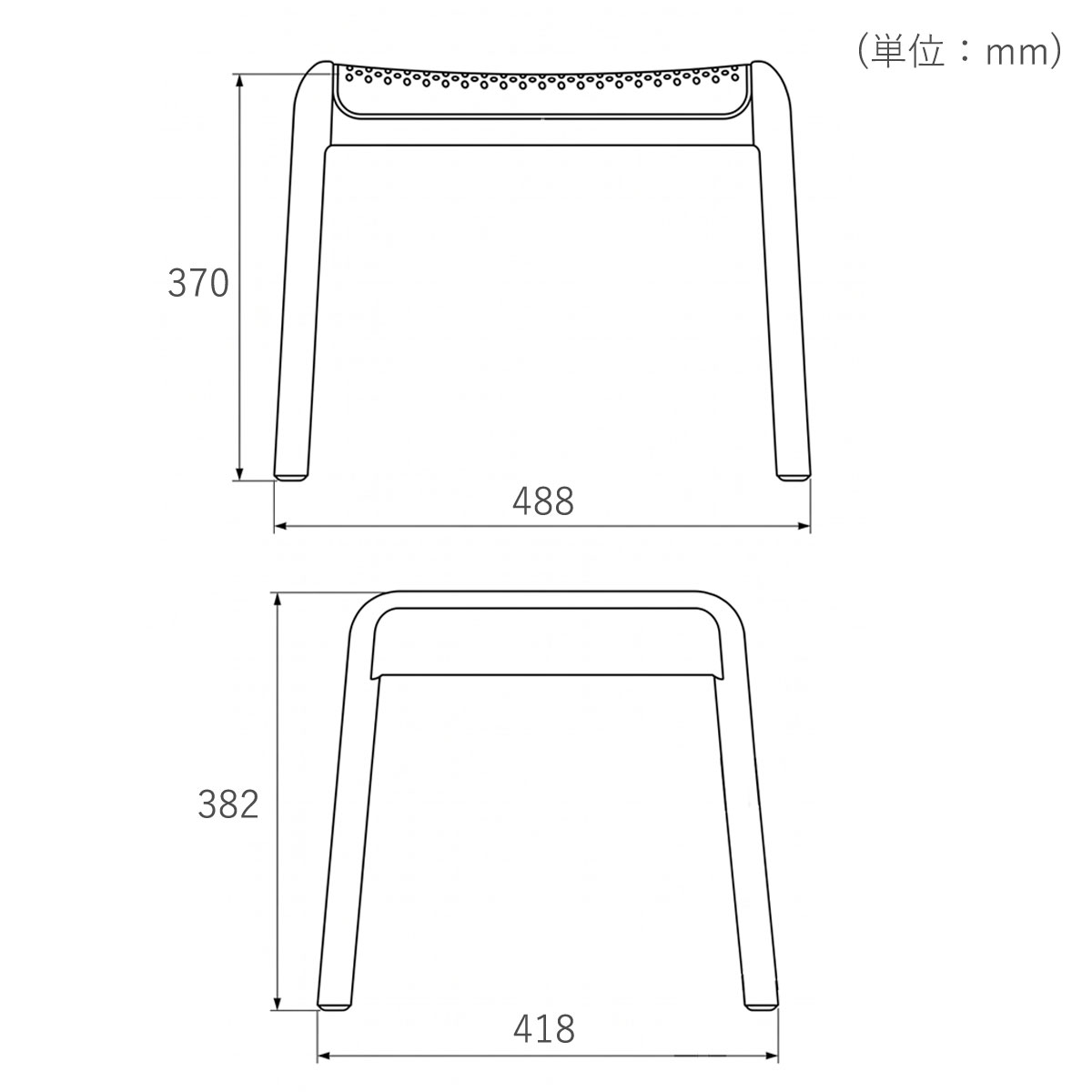 「CORYオットマン」のサイズ表記画像です。幅（W）488ミリ、高さ（H）382ミリ、奥行き（D）418ミリです。