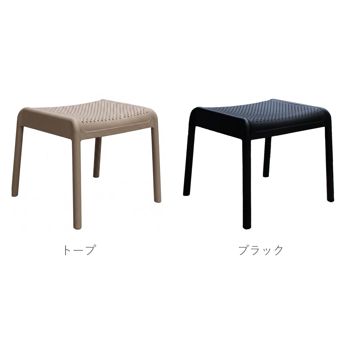 CORYオットマンのカラーバリエーション画像です。スタイリッシュな「ブラック」と温かみのある「トープ」の2色展開で、施設のインテリアに合わせてお選びいただけます。