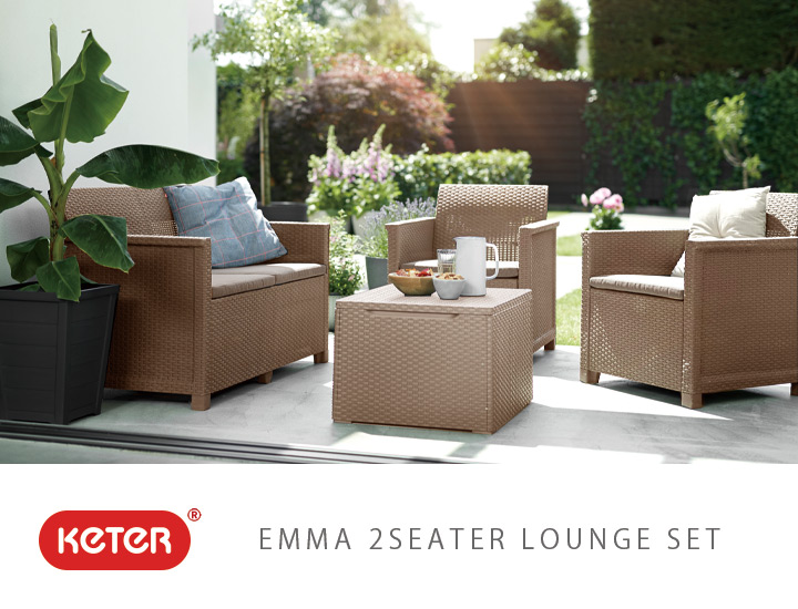 樹脂製ラタン調家具「ケター （KETER） エマ 2人掛けガーデンソファー・テーブル 4点セット （EMMA 2SEATER LOUNGE SET）」