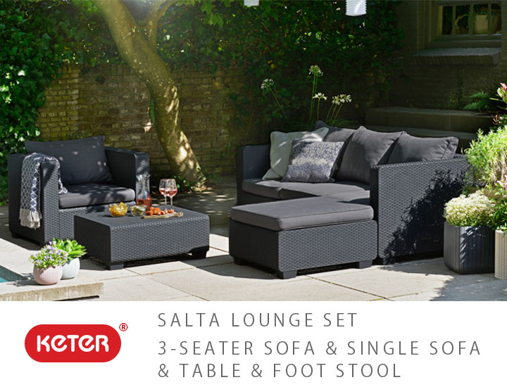 「ケター （KETER） サルタ 3人掛けガーデンソファー・シングルソファ・オットマン・テーブル 4点セット」