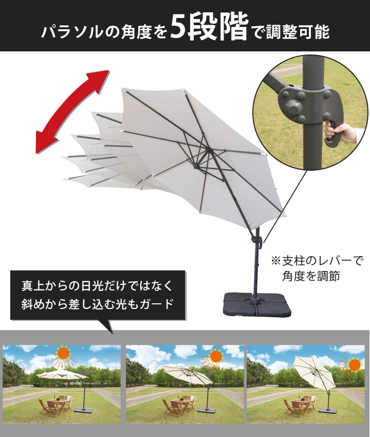 【円形Φ2.94m】  「レッタ ガーデンパラソル 直径2945mm」角度調整の説明画像