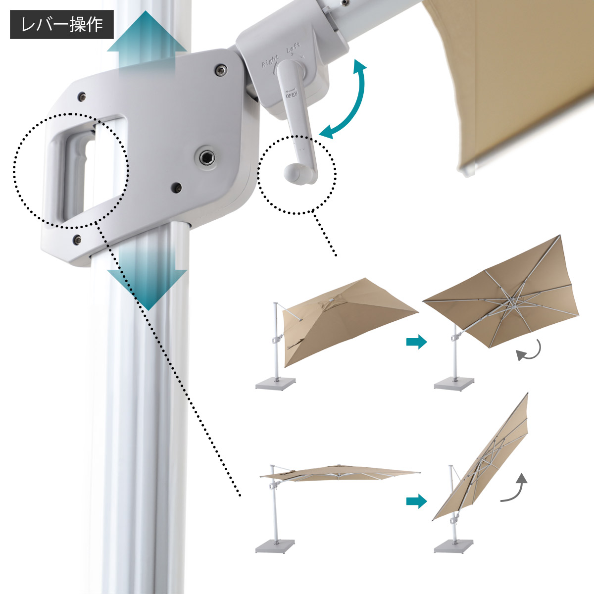 本体のレバーとハンドルを使用することで傘の角度を上下左右に傾けることができます。