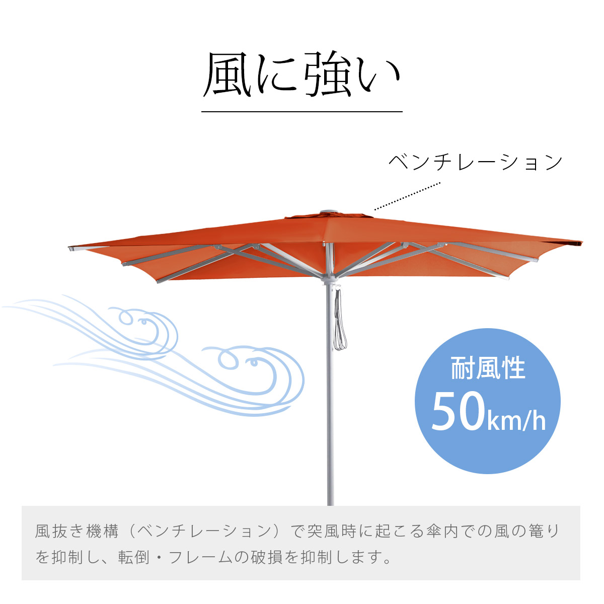 風抜き機構（ベンチレーション）と頑丈で安定感のあるフレームを採用することで耐風性50km/hを実現しています。