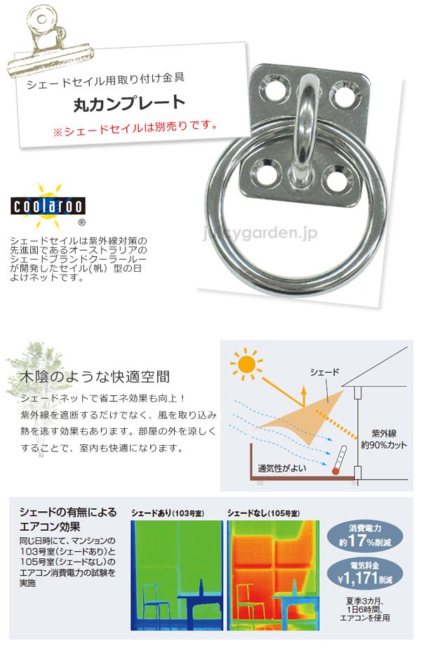 「シェードセイルの取付けに便利！　丸カンプレート」