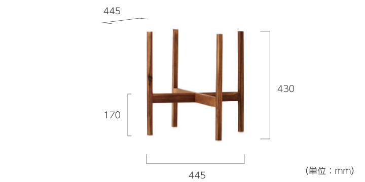 「アカシア材 ウッドポットスタンド 角脚 Φ38用」幅・奥行45cm 高さ43cm 棚面高17cm