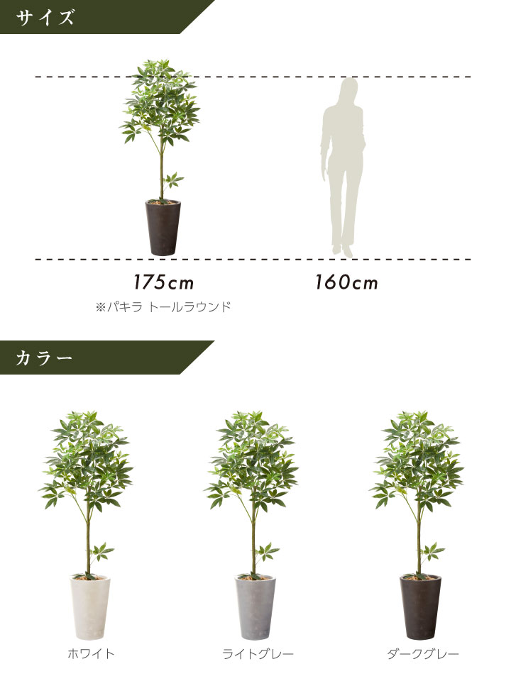 グリーン×プランターセット「w/g パキラ×Tall Round」[高さ175cm・人工樹木・人工観葉植物]