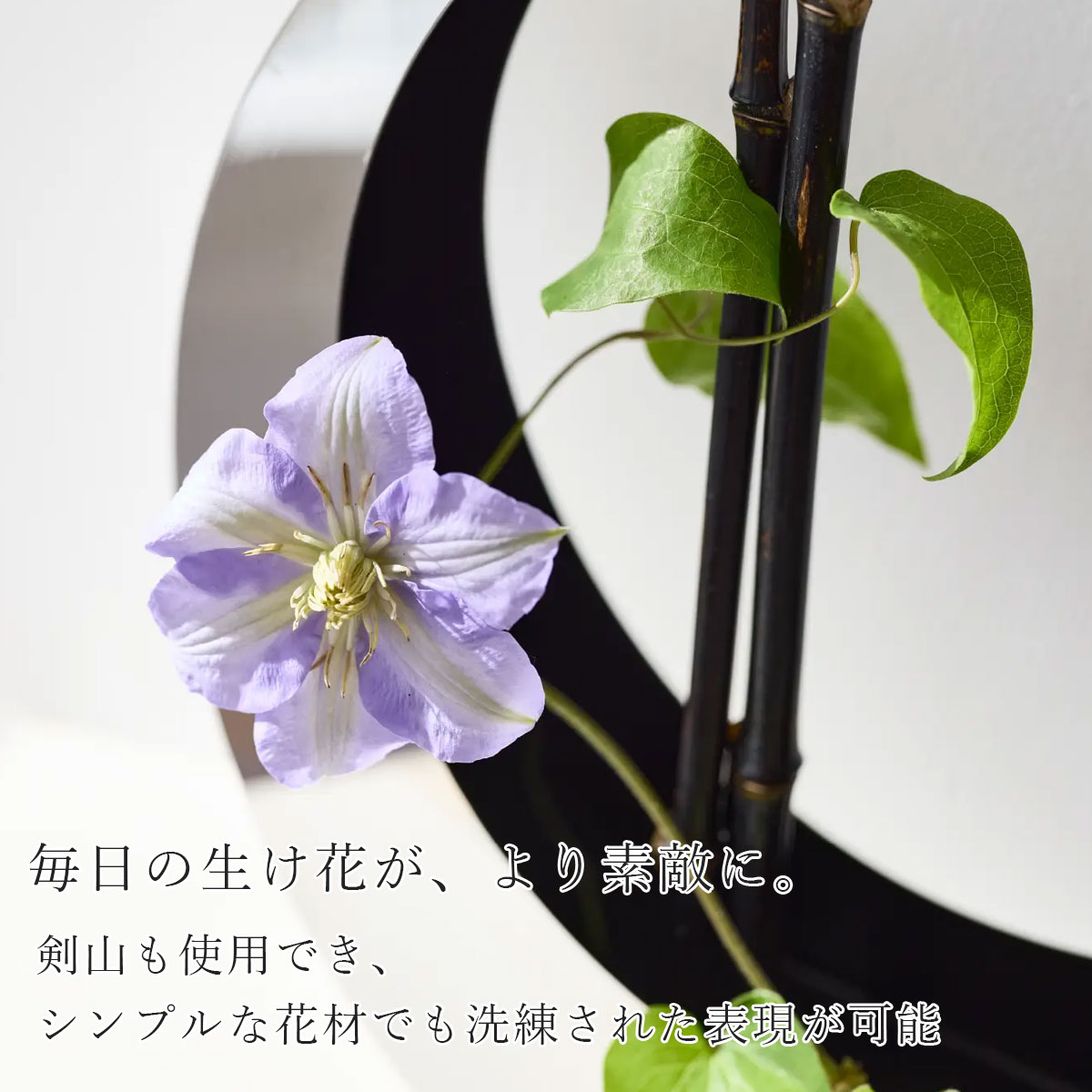 毎日の生け花がより素敵になること、剣山も使用できるため少量の花材でも存在感のあるアレンジメントが演出できることを表現したビジュアル。
