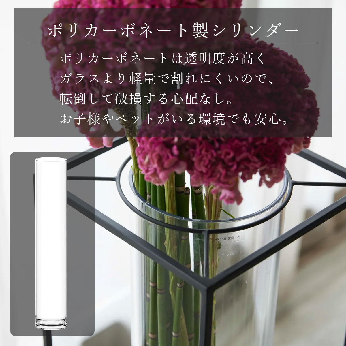 透明度が高く割れにくいポリカーボネート製シリンダーを採用し、お子様やペットがいる環境でも安心して使えることを伝える画像。
