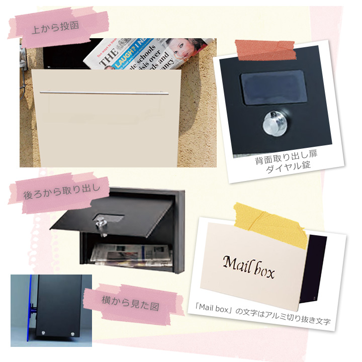 四角い形で「Mail box」の文字 郵便受け 「ノイエキューブロング＜埋め込み＞ ステンレス」