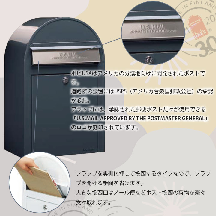 郵便ポスト 壁掛け「ボビUSA（bobi USA）前入れ前出し ※シリンダー錠」 スタンド別売り