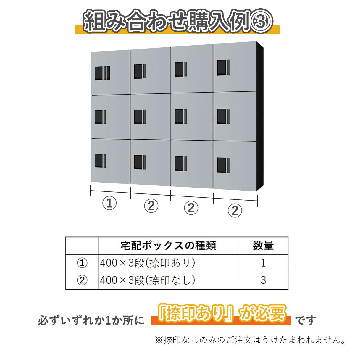 組み合わせ例3。400×3段捺印あり 1台、400×3段捺印なし 3台。必ずいずれか1ヵ所に「捺印あり」が必要です。捺印なしのみのご注文はうけたまわれません。