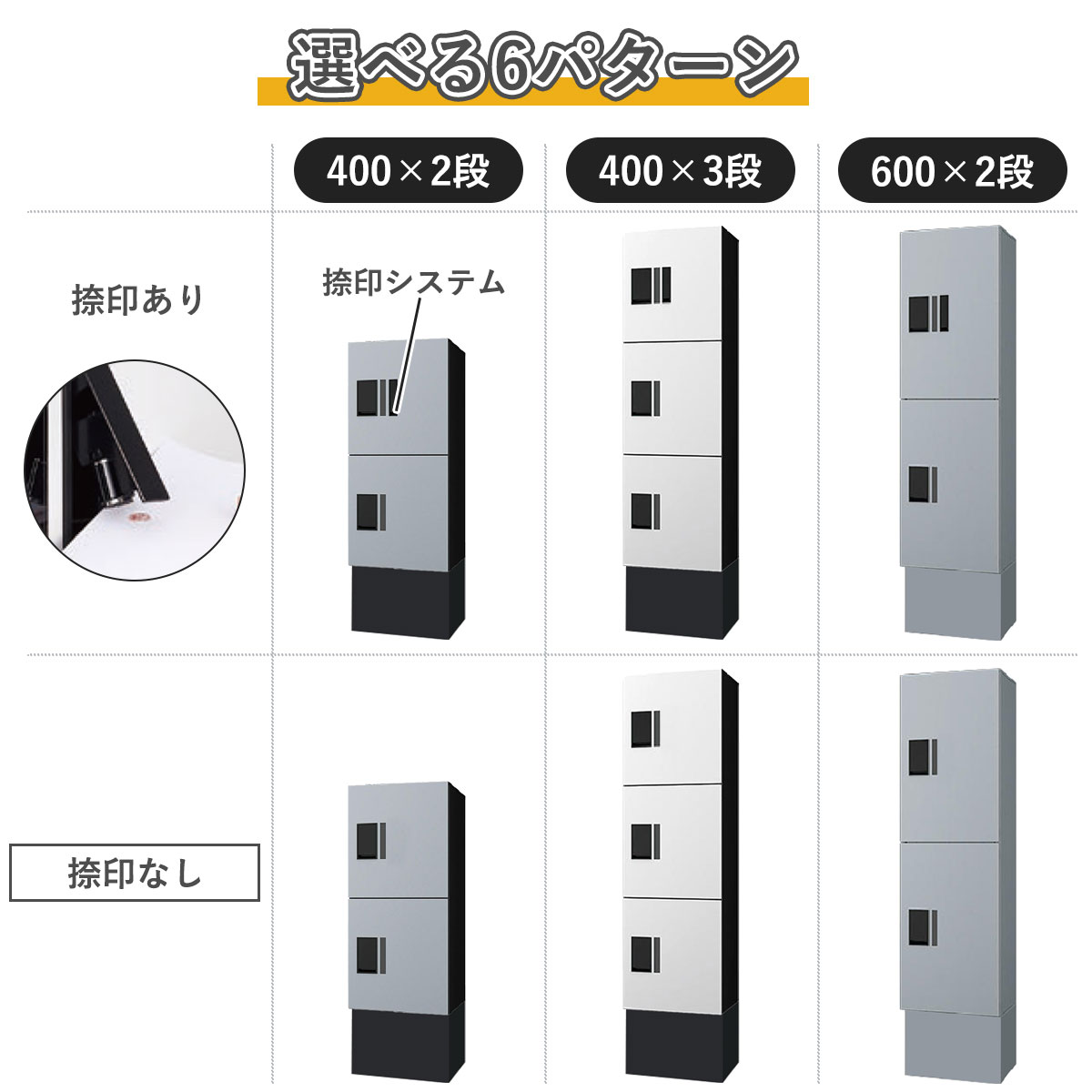 3サイズのボックスを用意。H400×2、400×3段、600×2段の3種類。それぞれ捺印あり、捺印なしの選択が可能。全部で6パターンの中から選べます。
