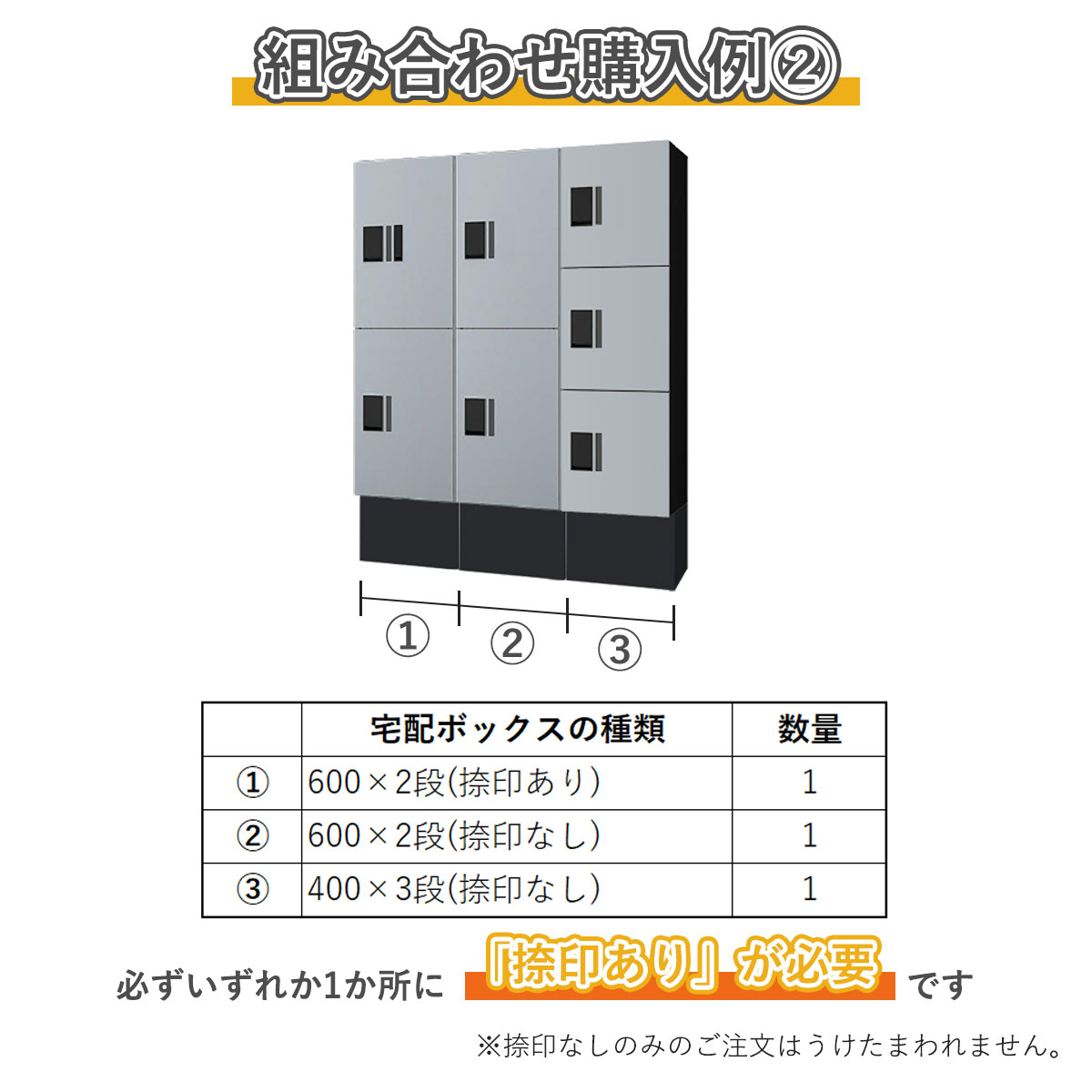 組み合わせ例2。600×2段捺印あり　1台、600×2段捺印なし　1台、400×3段捺印なし　1台。必ずいずれか1ヵ所に「捺印あり」が必要です。捺印なしのみのご注文はうけたまわれません。