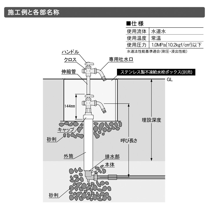 寒冷地対応埋め込み水栓「伸縮式立水栓 D-EN デン 呼び長さ0.5」