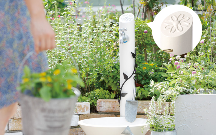上品な立水栓 「フルール（FLEUR）  水栓柱＋ガーデンパン＋蛇口2個セット」