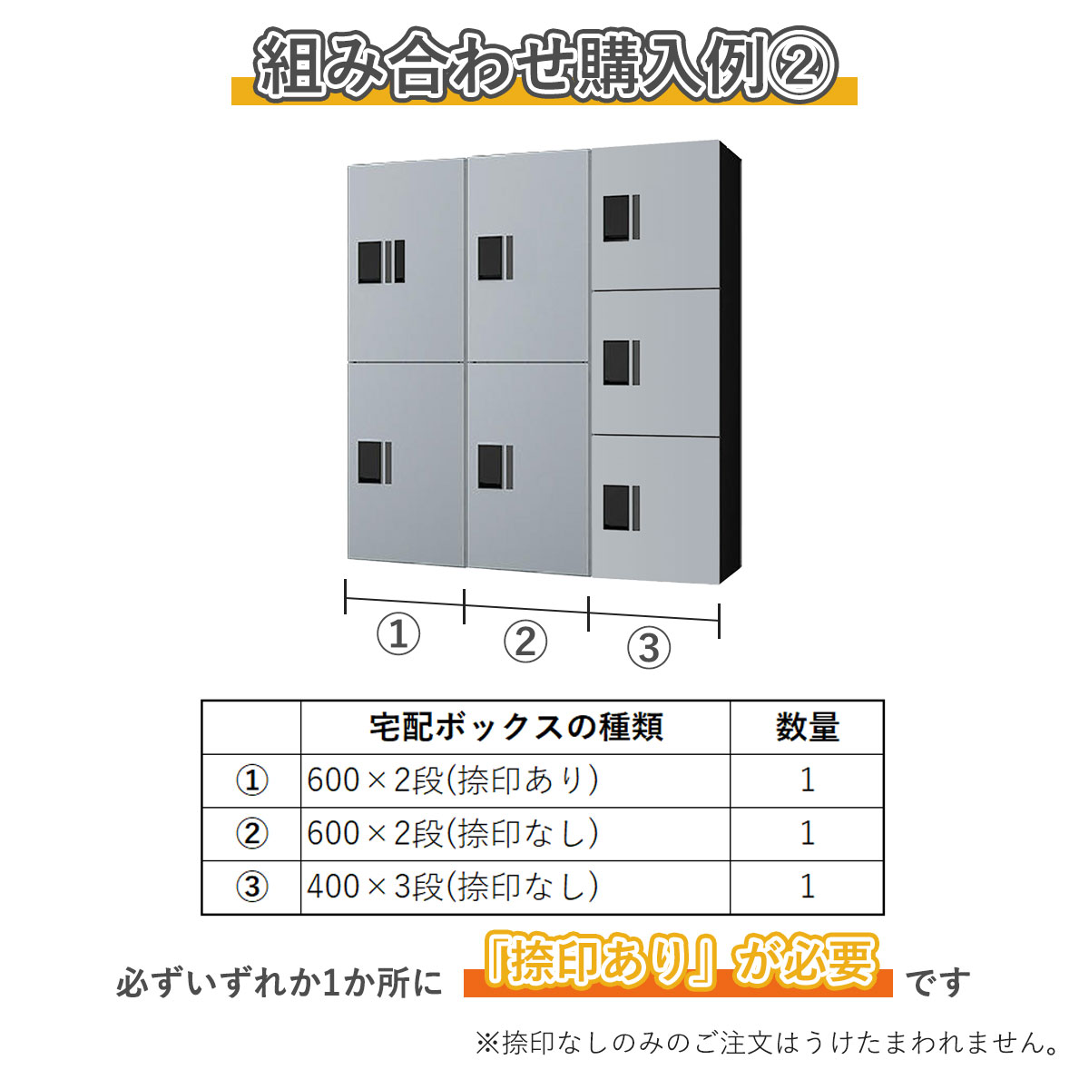 組み合わせ例3。400×3段捺印あり 1台、400×3段捺印なし 3台。必ずいずれか1ヵ所に「捺印あり」が必要です。捺印なしのみのご注文はうけたまわれません。