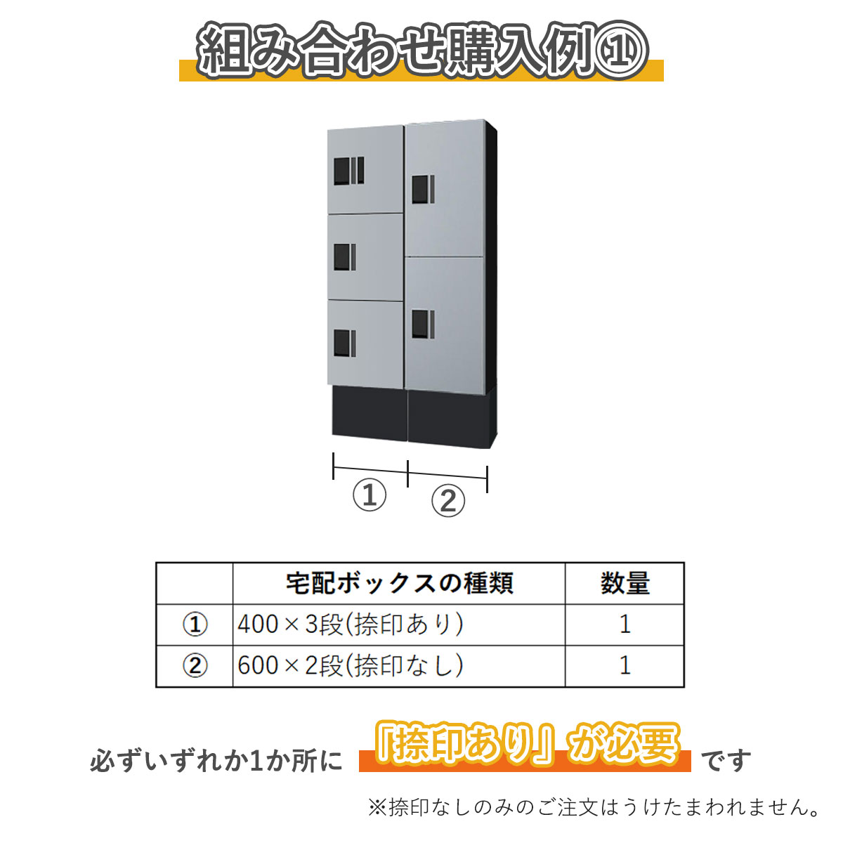 組み合わせ例2。600×2段捺印あり 1台、600×2段捺印なし 1台、400×3段捺印なし 1台。必ずいずれか1ヵ所に「捺印あり」が必要です。捺印なしのみのご注文はうけたまわれません。