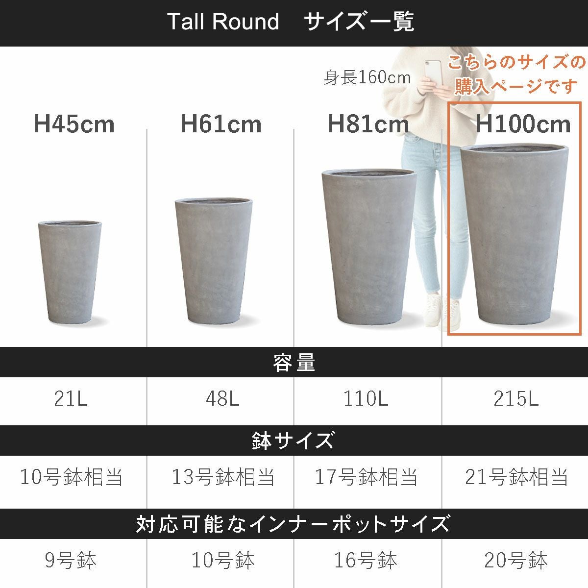 こちらの商品ページはトールラウンド102の購入ページです。容量215L、鉢サイズは21号鉢相当、対応可能なインナーポットサイズは20号鉢程度。