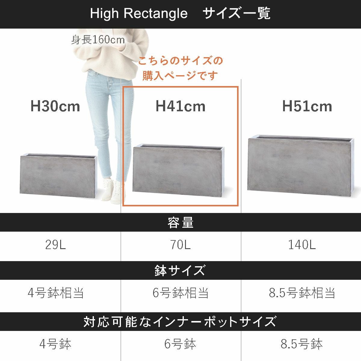 こちらの商品ページはハイレクタングル80の購入ページです。容量70L、鉢サイズは6号鉢相当、対応可能なインナーポットサイズは6号鉢程度。