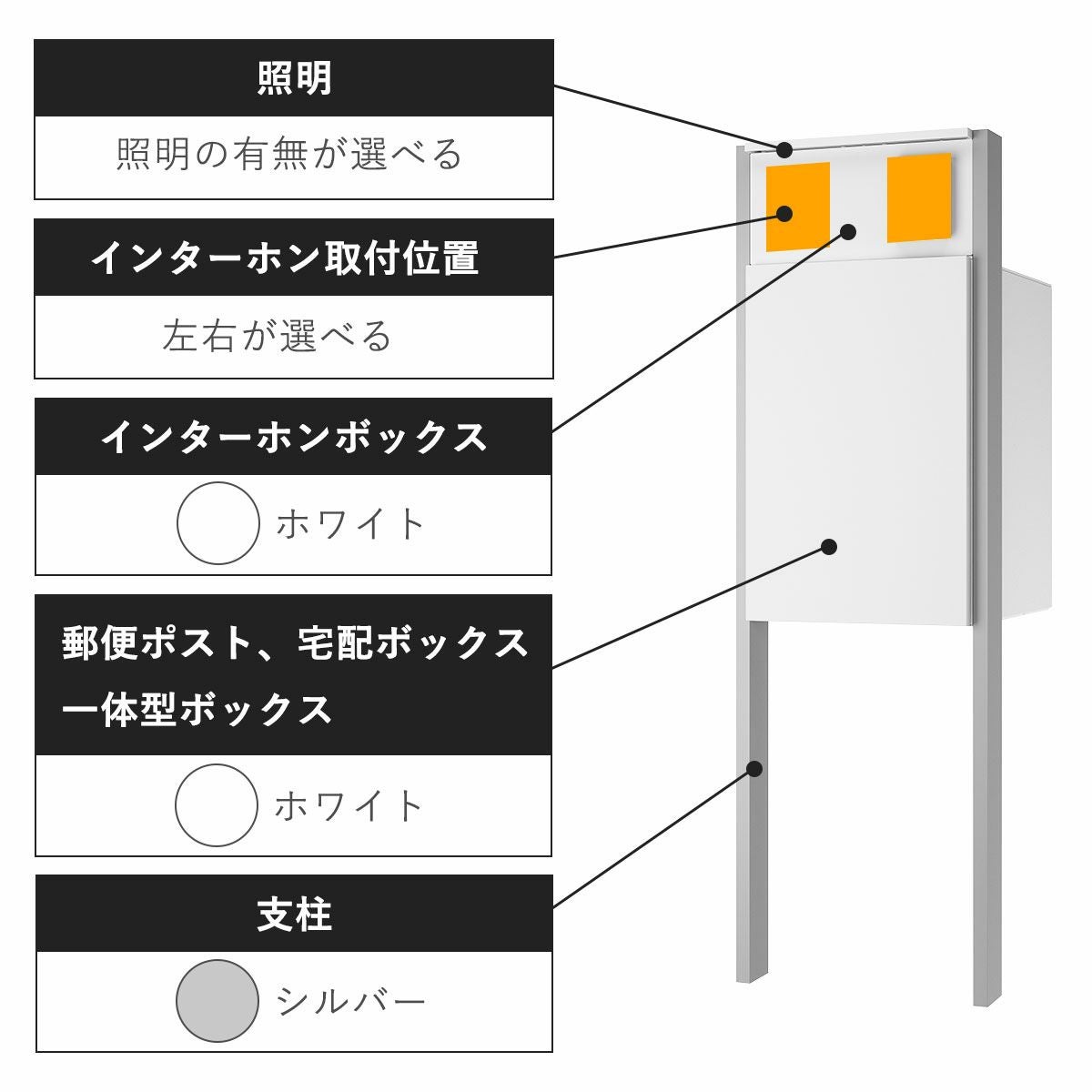 商品のタイプとカラー。照明の有無が選択可能。インターホンの取付位置が左右選択可能。インターホンボックスと宅配ボックスのカラーはホワイト、支柱のカラーはシルバー