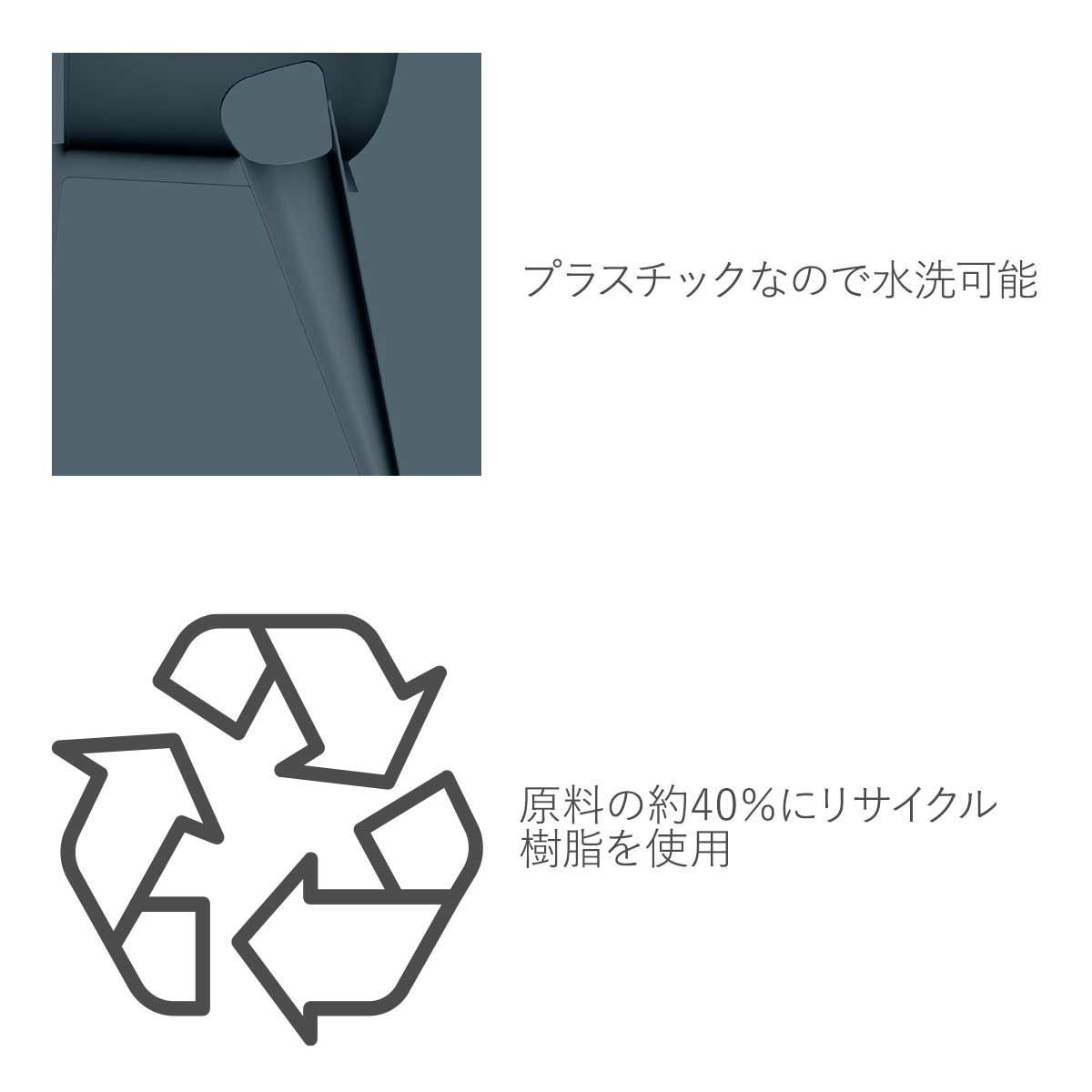 プラスチックなので水洗可能です。原料の約40％にリサイクル樹脂を使用しています。