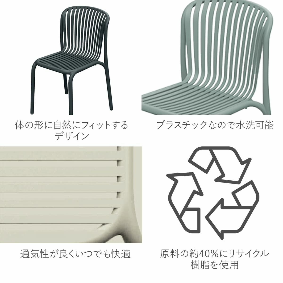 体の形に自然にフィットするデザイで通気性が良くいつでも快適。プラスチックなので水洗可能です。原料の約40％にリサイクル樹脂を使用しています。