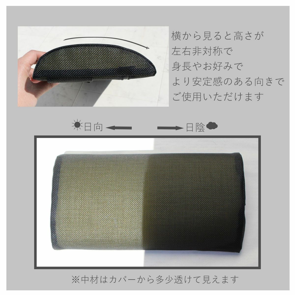 商品サイズ。クッション部分は横340mm、縦180mm、高さ60mm、ベルト部分は片側約320mmで面ファスナーは横160mm