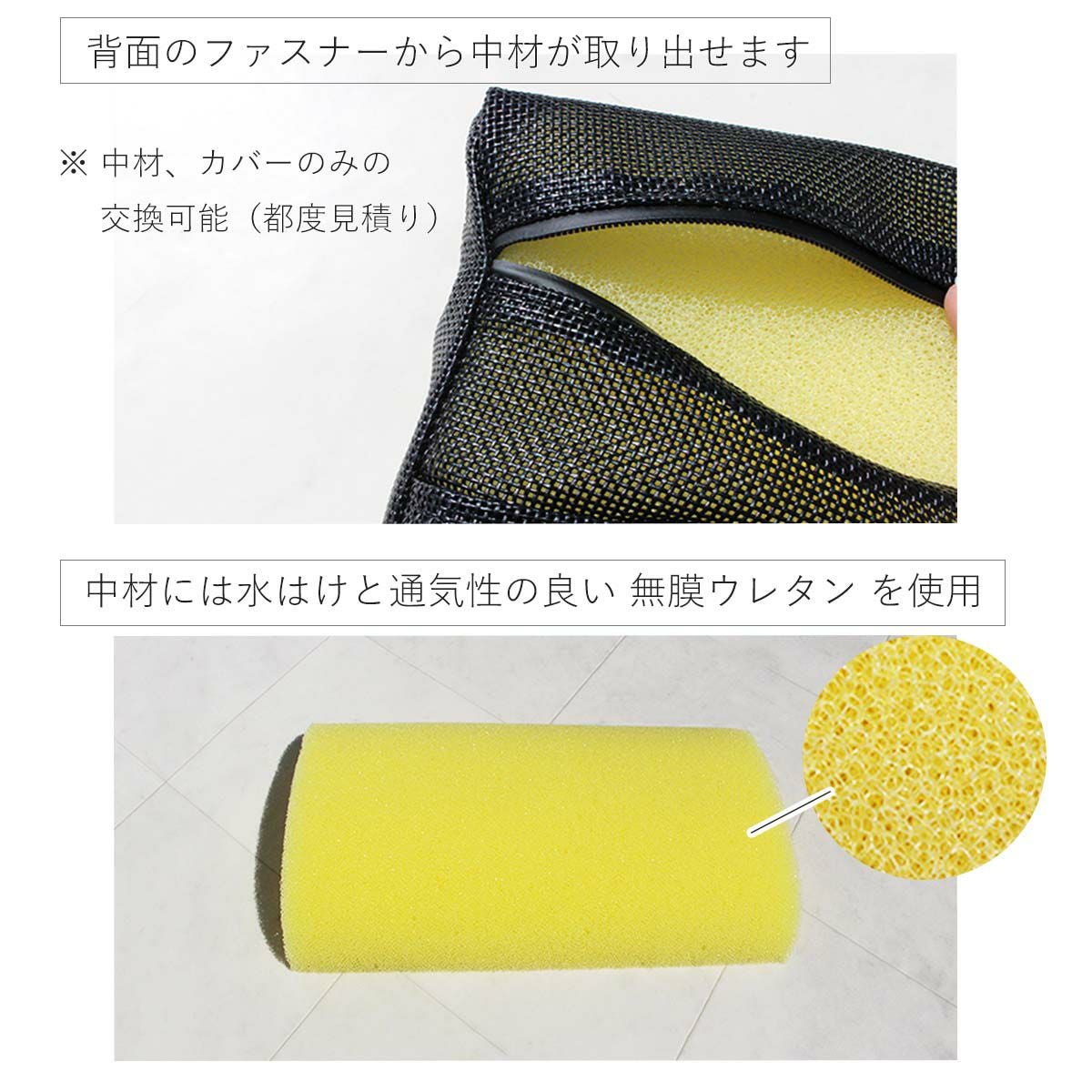 背面のファスナーから中材が取り出せます。中材、カバーのみの交換可能。都度見積り。中材には水はけと通気性の良い無膜ウレタンを使用。