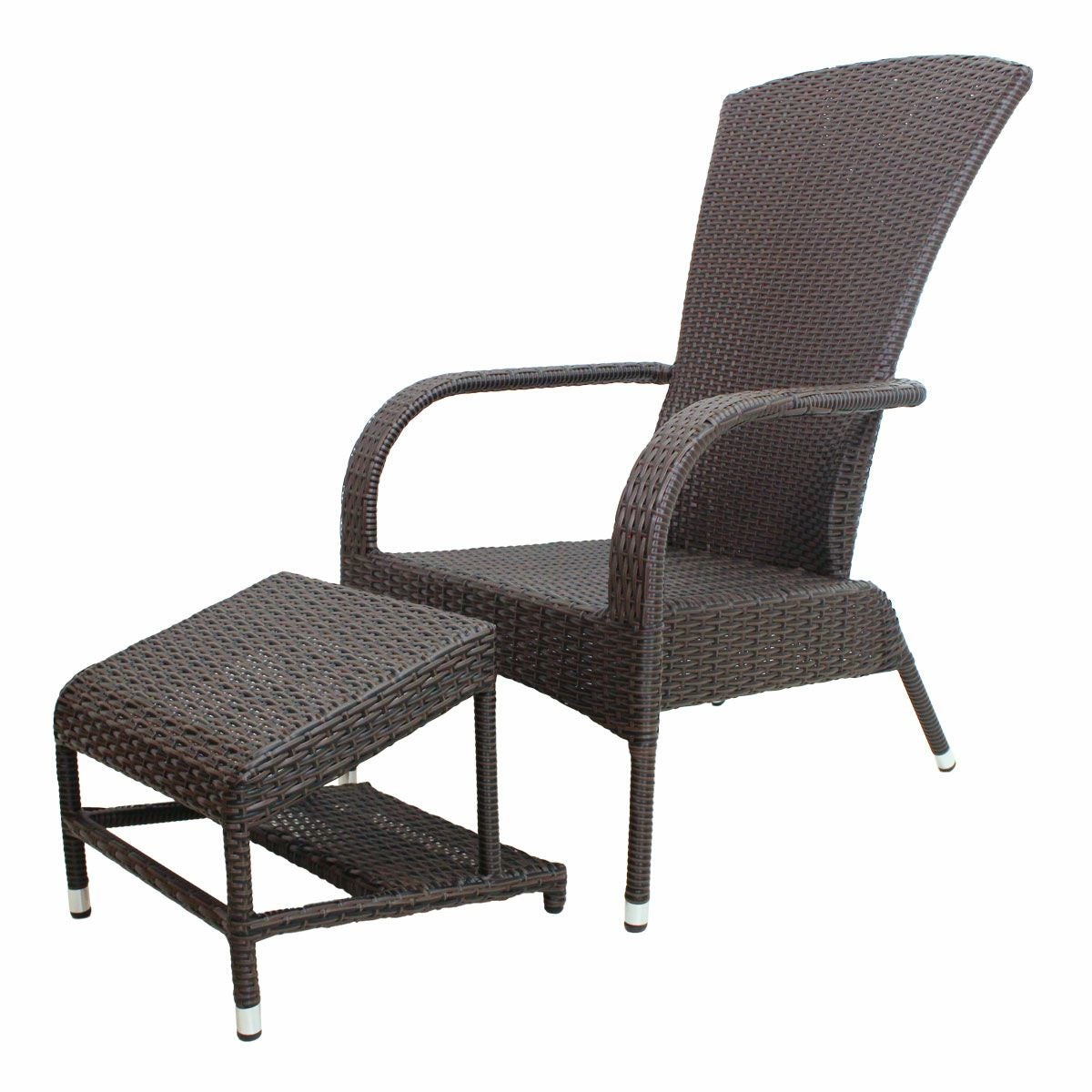 レックレストにもフットレストにもなるジューシーガーデンオリジナル屋外用の2WAYオットマンと背もたれが高めのととのい椅子の2点セット。人工ラタンとアルミフレームなので軽量で持ち運びも簡単。水洗可能。