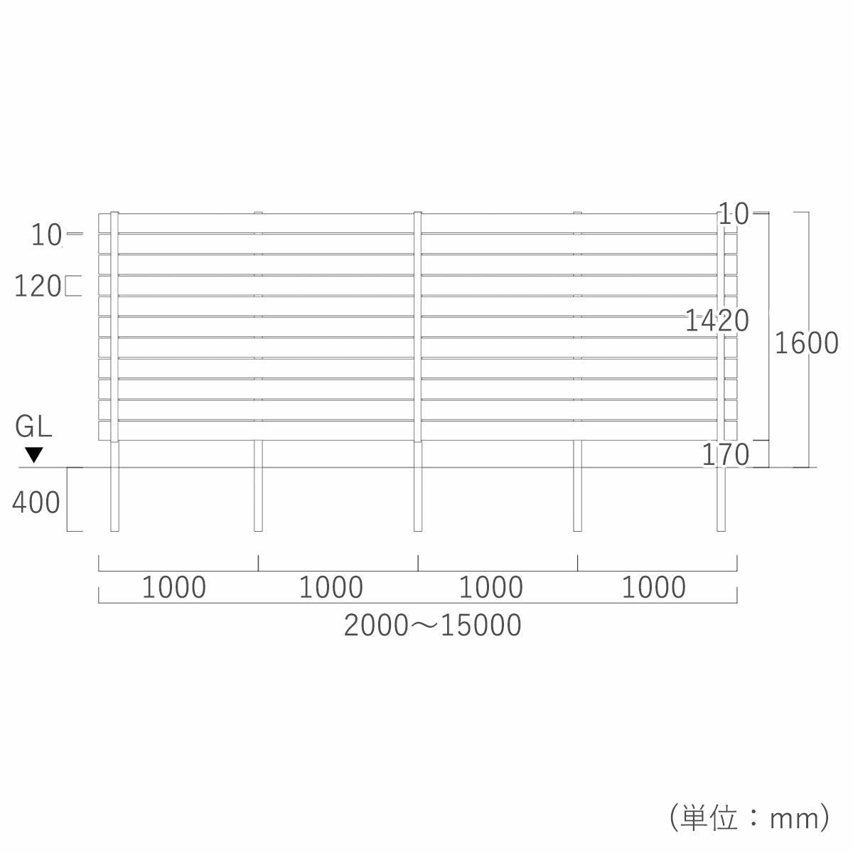 フェンスサイズは横幅約2000～15000mm、高さ2000mm（地中埋込寸法含む）