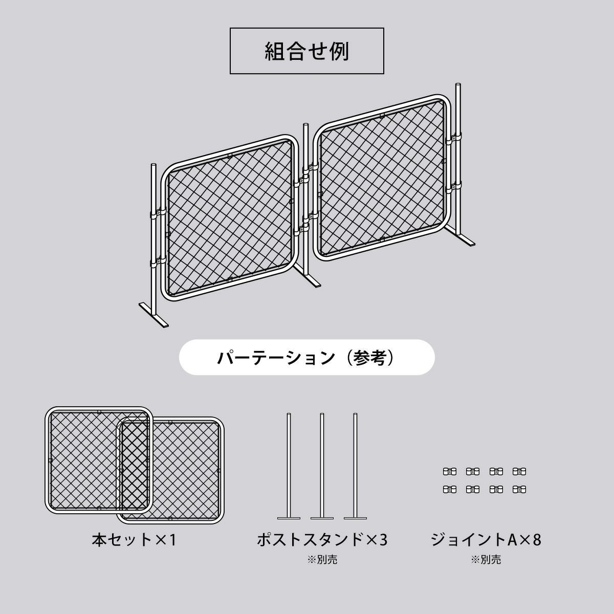 【組合せ例】本セット×1とポストスタンド（別売）×3とジョイントA（別売）×8を組み合わせることにより「パーテーション」が作成できます