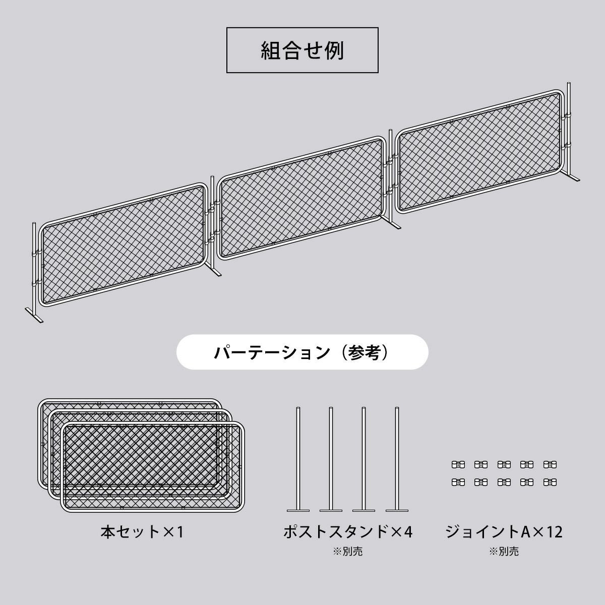 本セット×1とポストスタンド（別売）×4とジョイントA（別売）×12を組み合わせることにより「パーテーション」が作成できます