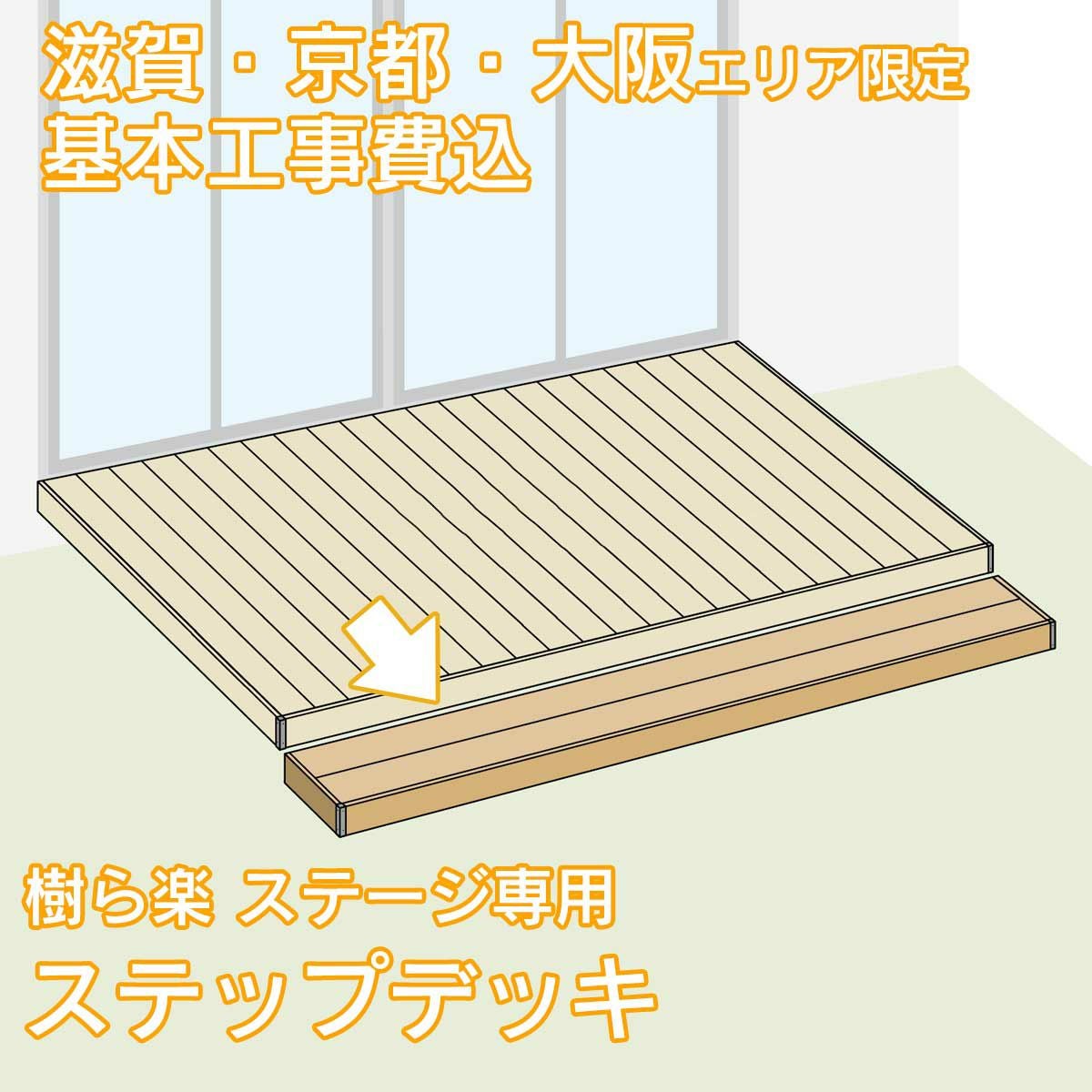 滋賀、京都、大阪限定。工事費込みの人工木材デッキ「樹ら楽（きらら）」専用ステップデッキ（階段）