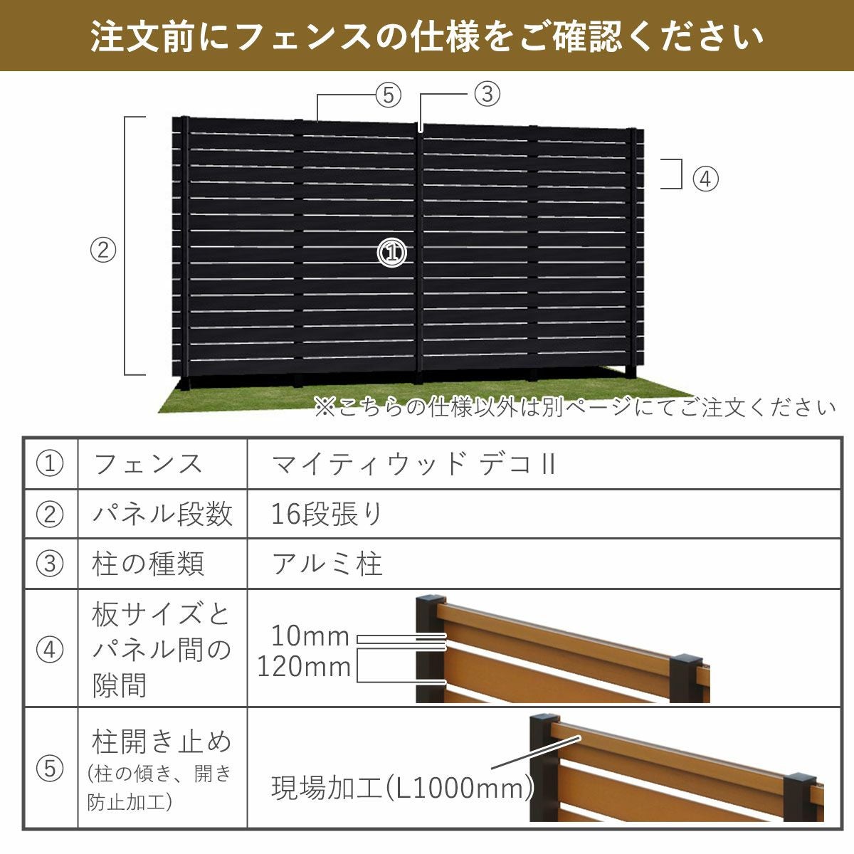 フェンスの仕様。商品名はマイティウッド デコ2。パネルの段数は16段張り、柱の種類はアルミ柱。板1枚の高さは120mm、板と板の隙間は10mm、柱の開き止めは現場加工。