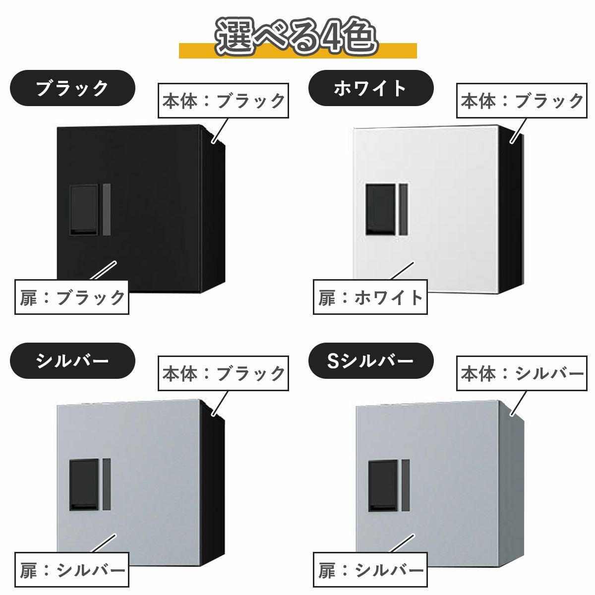 選べる4色。ブラック（扉ブラック×本体ブラック）。シルバー（扉シルバー×本体ブラック）。Sシルバー（扉シルバー×本体シルバー）。ホワイト（扉ホワイト×本体ブラック）