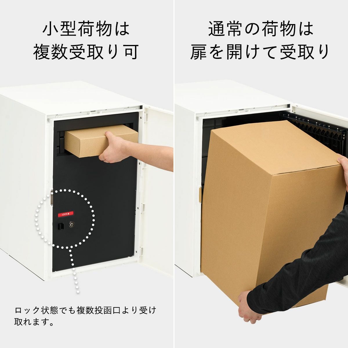 小型荷物は内扉がロック状態でも複数投函口より複数受取りが可能。通常の荷物は内扉を開けて受け取れます。