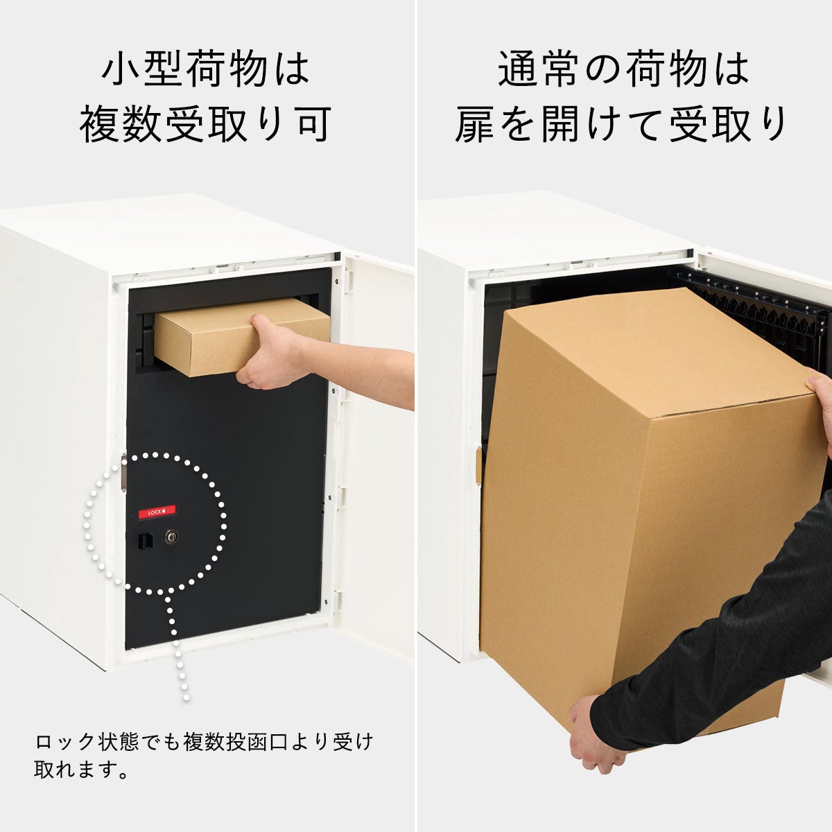 小型荷物は内扉がロック状態でも複数投函口より複数受取りが可能。通常の荷物は内扉を開けて受け取れます。