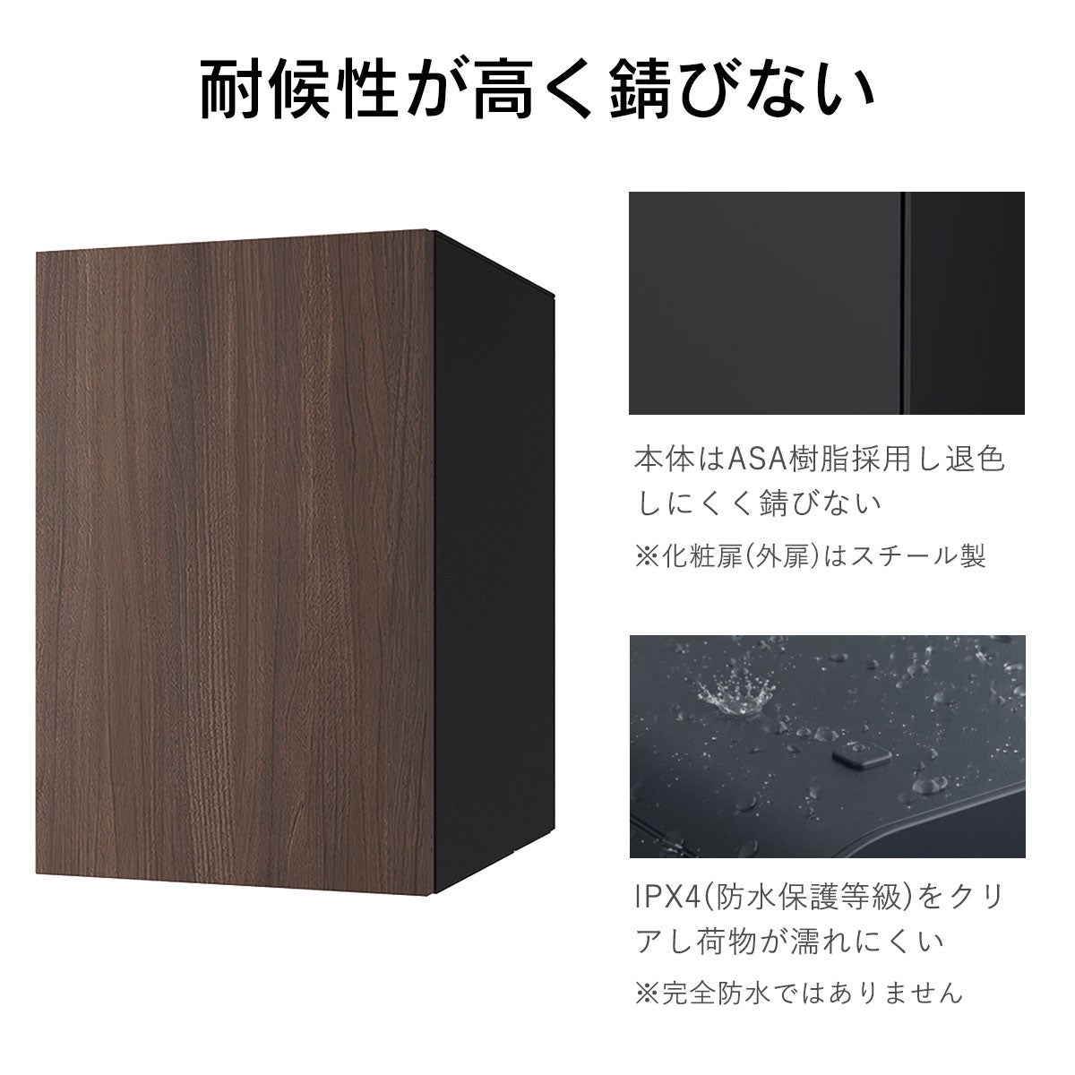 本体は耐候性の高いASA樹脂を採用。退色しにくく金属のように錆びることはありません。また、IPX4（防水保護等級）をクリアしているので荷物が濡れにくい構造となっています。※完全防水ではありません。