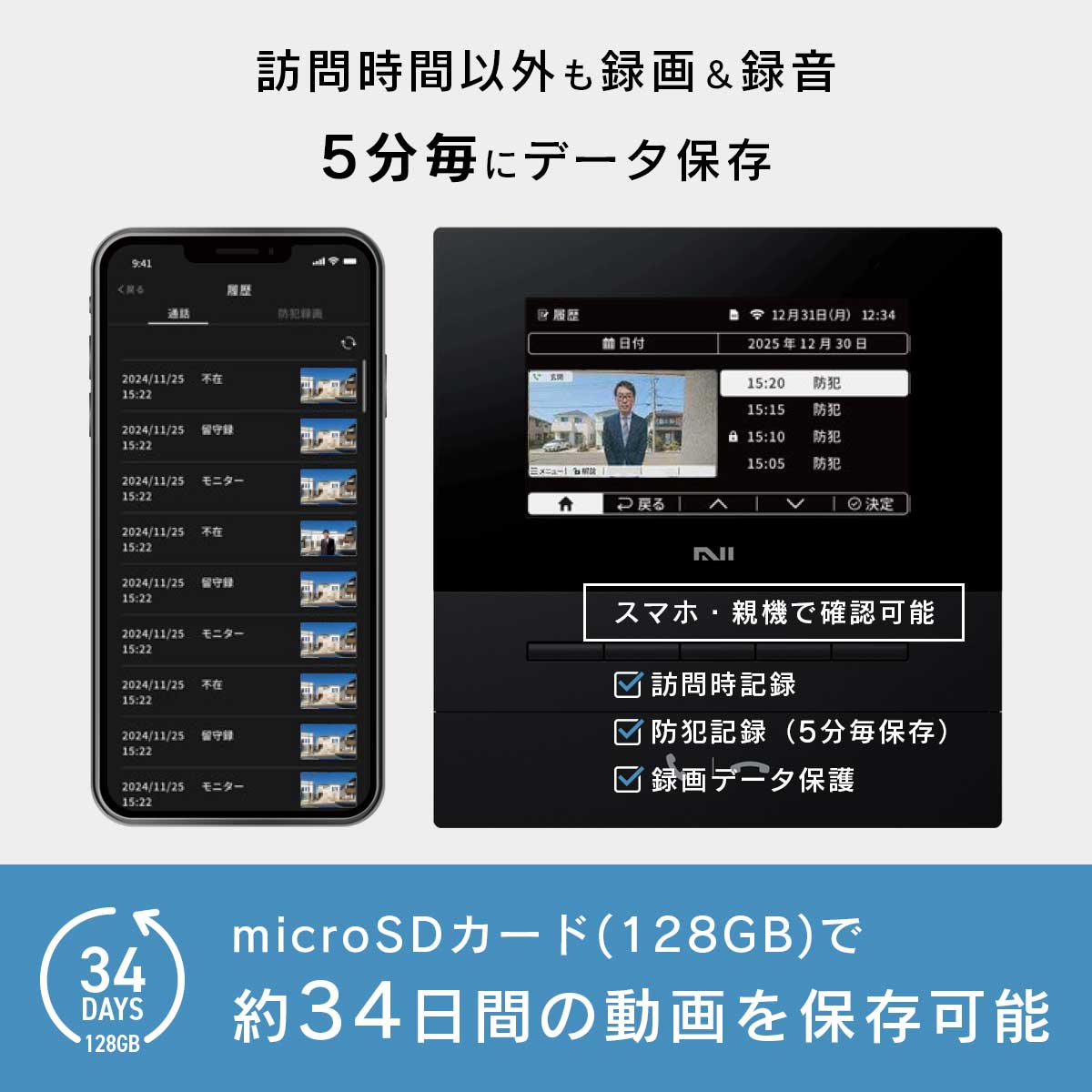 訪問時間以外も録画＆録音。5分毎にデータ保存。microSDカード（128GB）で約35日間の動画を保存可能