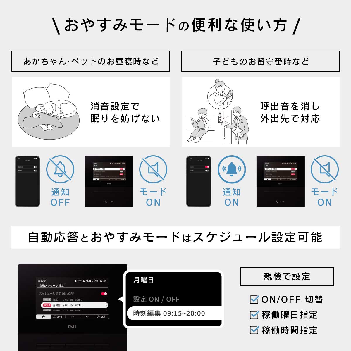 おやすみモードの便利な使い方。「あかちゃん・ペットのお昼寝時などの場合」スマホは通知OFF、親機は消音設定にします。「子供のお留守番などの場合」スマホは通知ON、親機は消音設定にします。また、自動応答とおやすみモードはスケジュール設定が可能です。