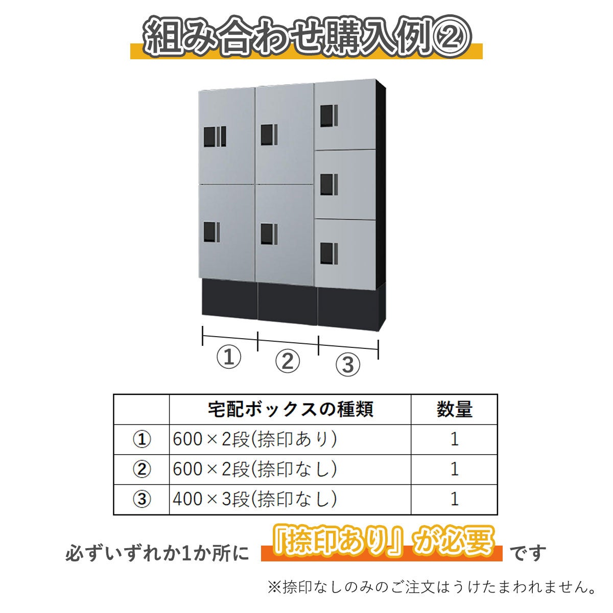組み合わせ例2。600×2段捺印あり　1台、600×2段捺印なし　1台、400×3段捺印なし　1台。必ずいずれか1ヵ所に「捺印あり」が必要です。捺印なしのみのご注文はうけたまわれません。