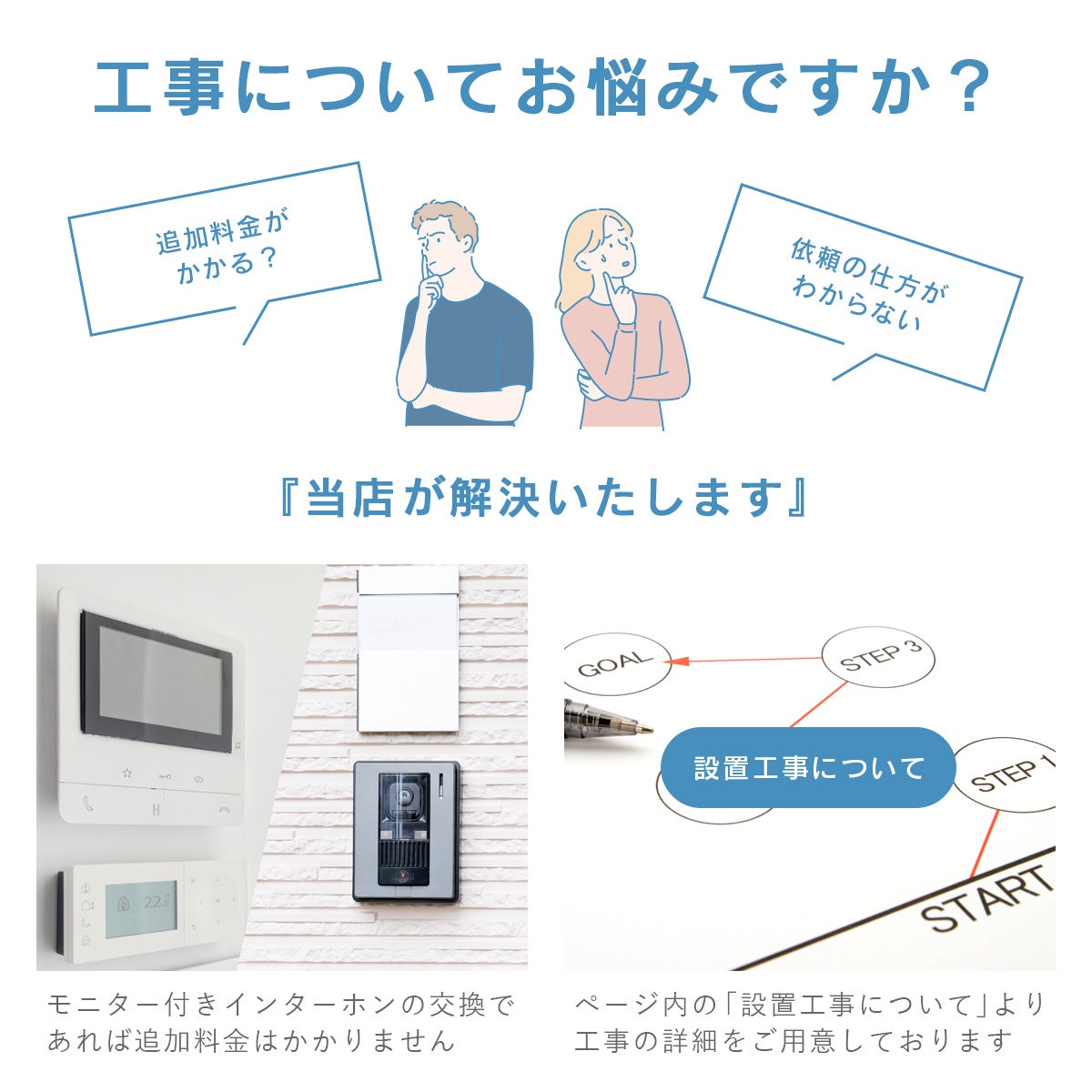 工事についてお悩みですか？「追加料金がかかる？」「依頼の仕方がわからない」…。その悩み当店が解決いたします！「モニター付きインターホンの交換であれば追加料金はかかりません」「ページ内の『設置工事について』より工事の詳細をご用意しております」