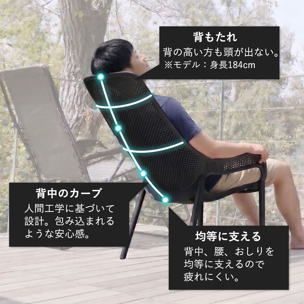 CORYハイバックチェアの背もたれ設計を紹介した画像。背の高い方でも頭が出ないハイバック設計、人間工学に基づいた背中のカーブ、背中、腰、おしりを均等に支える構造で長時間でも疲れにくい設計です。