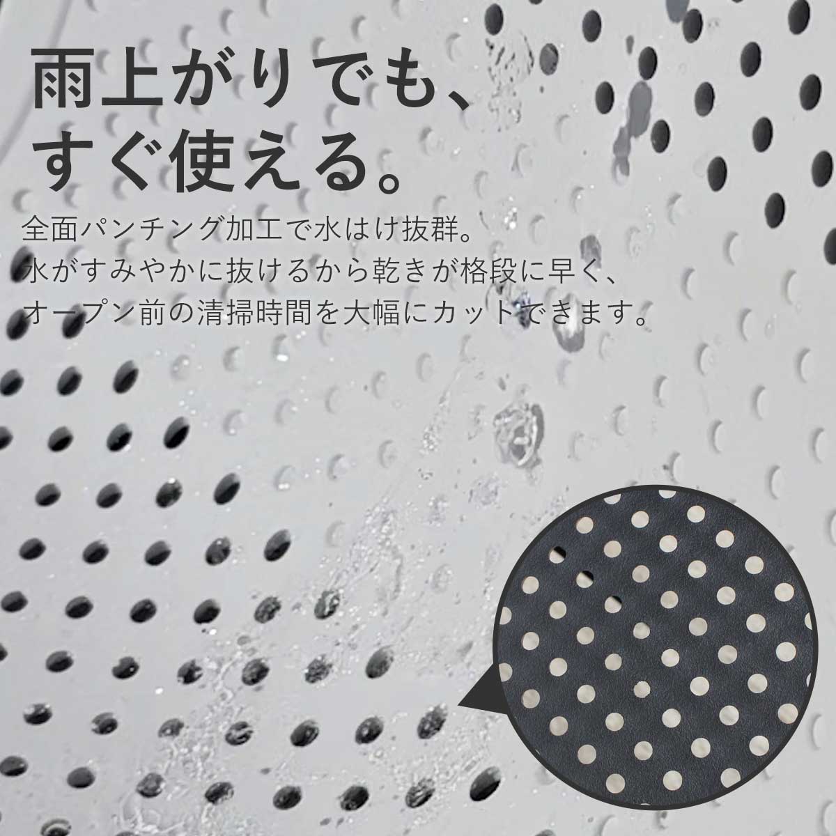 「雨上がりでも、すぐ使える。」という見出しのもと、全面パンチング加工による優れた水はけ性能を紹介する画像。水がすみやかに抜けるため乾きが早く、オープン前の清掃時間を大幅にカットできることを説明している。