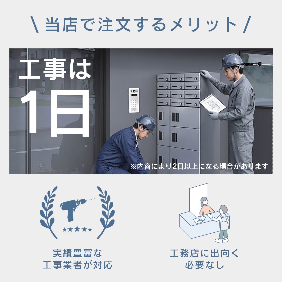 当店で注文するメリット。工事は1日で完了します！※内容により2以上かかる場合もございます。工務店に出向く必要もなく実績豊富な工事業者が対応ます。